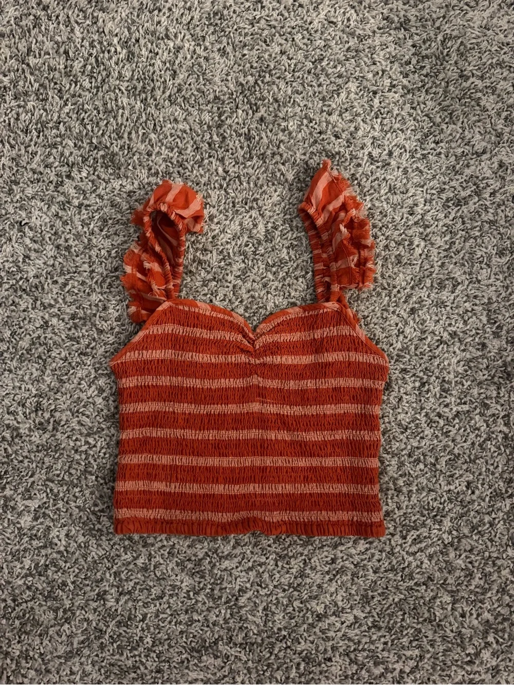 Free People Rust and Light Orange Striped Smocked Ruffle Strap Crop Top